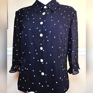 Cynthia Howie 100% PolyesterNovelty Dog Print Button Up Blouse Top Women’s Sz 12